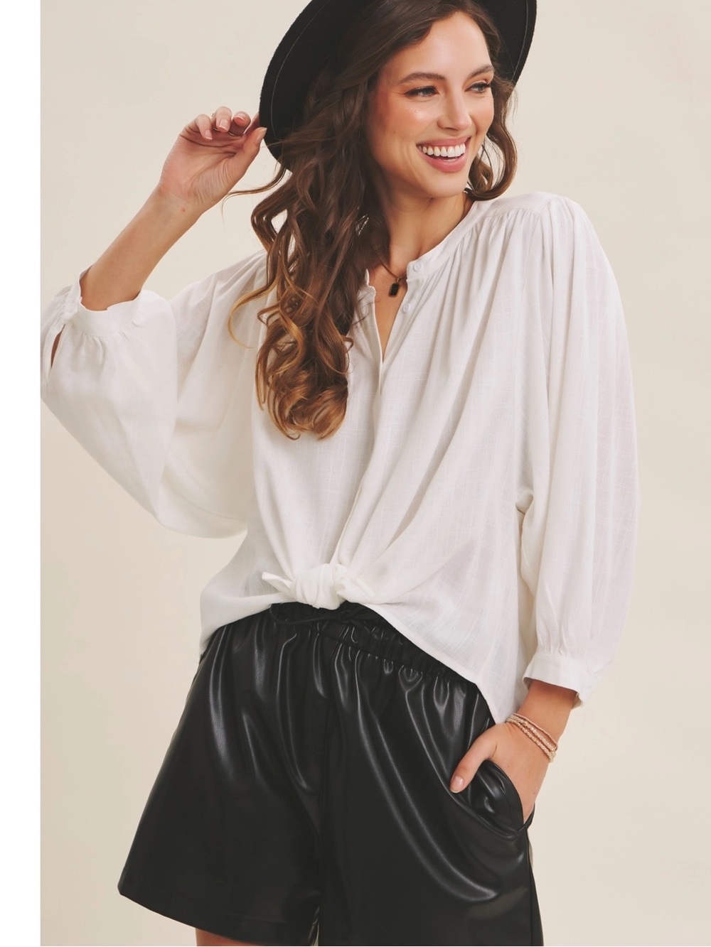 Espresso Hour Linen Blend Relaxed Balloon Sleeves Blouse Size Large